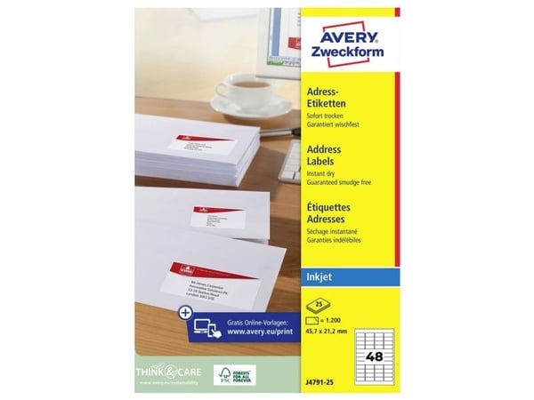 Avery Zweckform J4791 - Vit - 21.2 x 45.7 mm 1200 etikett (er) (25 ark x 48) returadressetiketter
