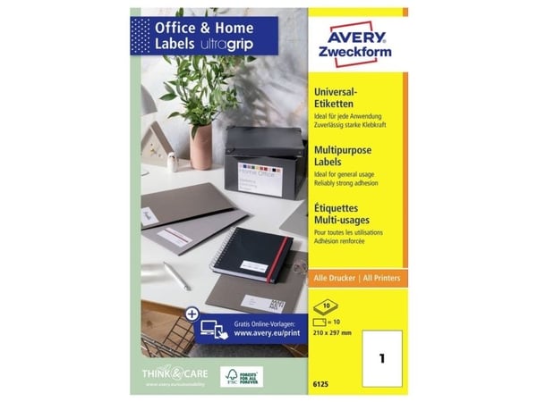 Universaletiketter Avery 210x297 mm hvid, med Ultragrip, til alle printertyper - (10 ark)