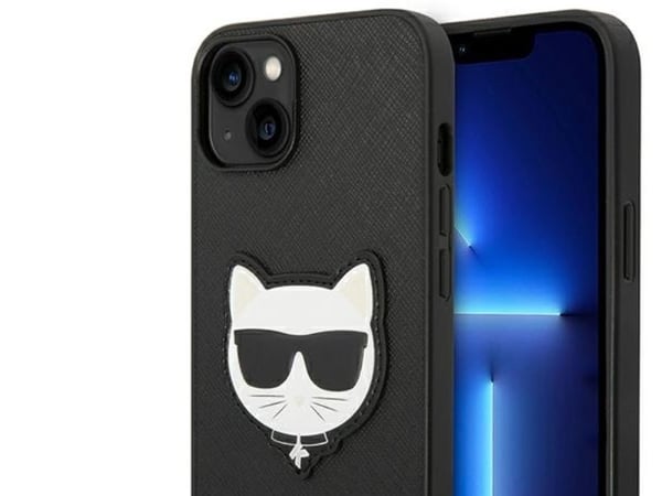 Karl Lagerfeld KLHCP14MSAPCHK iPhone 14 Plus 6.7 tuuman kovakotelo Musta/Musta Saffiano Choupette Head Patch