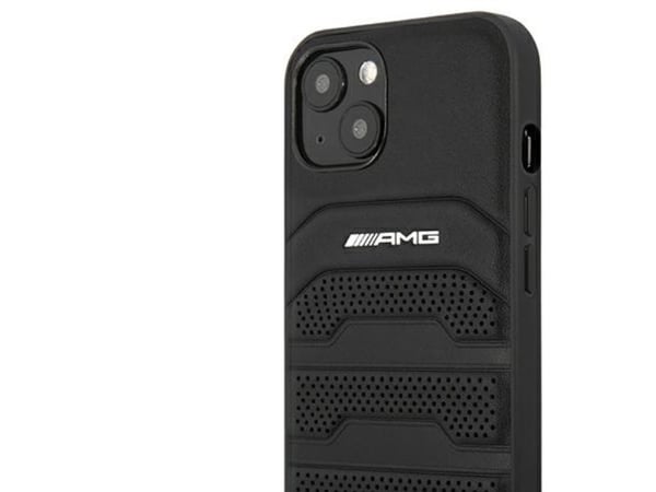 Mercedes Benz AMG AMHCP14MGSEBK iPhone 14 Plus 6,7 , musta / musta kova kotelo, nahka, kohokuvioitu linjat
