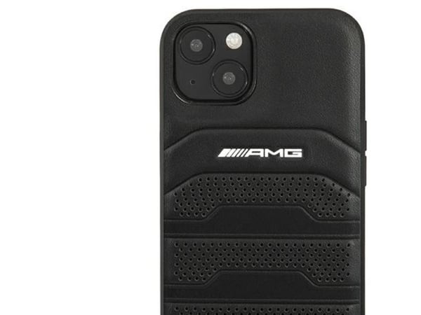Mercedes Benz AMG AMHCP14MGSEBK iPhone 14 Plus 6,7 , musta / musta kova kotelo, nahka, kohokuvioitu linjat