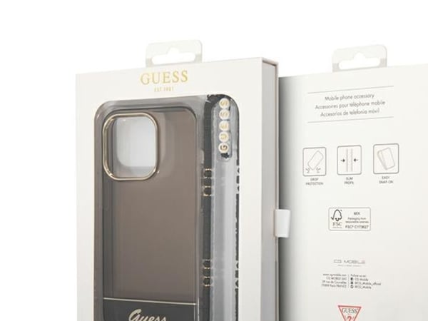 Alkuperäinen GUESS GUHCP14XHGGCOHK Etupaneeli Kotelo iPhone 14 PRO MAX (IML Electro Cam w. Strap läpikuultava / Musta)