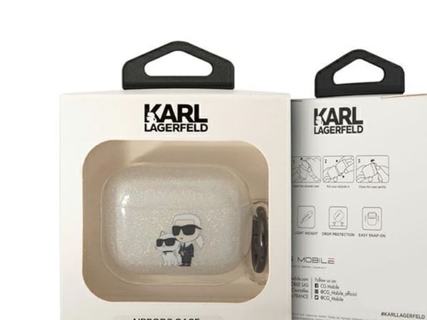 Karl Lagerfeld KLAPHNKCTGT Airpods Pro -suojus läpinäkyvä Gliter Karl&amp;Choupette