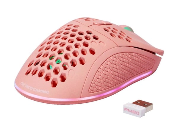 DELTACO GAMING PM80 - Mus - 7 knapper - trådløs, kablet - 2.4 GHz - USB trådløs mottaker - rosa