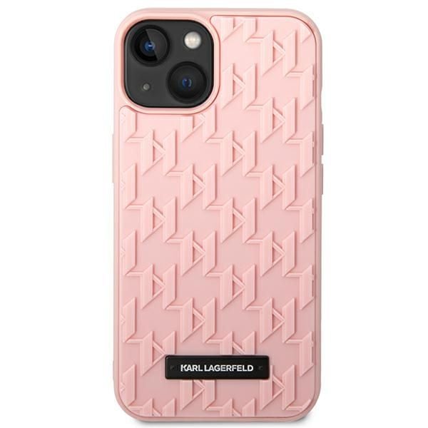 Aito Karl Lagerfeld KLHCP14MRUPKLPP etupaneeli asia iPhone 14 PLUS (3D kumi asia Monogram kuvio metallilevy / vaaleanpunainen)