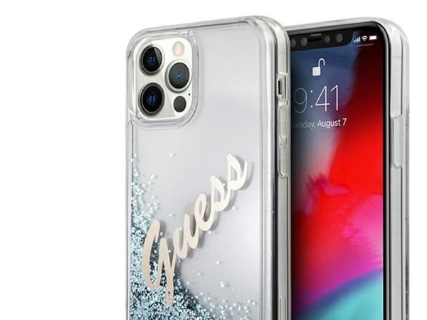 Apple iPhone 12 Pro Max Guess deksel Glitter Vintage Script (GUHCP12LGLVSBL) blå/svart farge