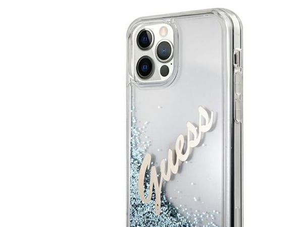 Apple iPhone 12 Pro Max Guess deksel Glitter Vintage Script (GUHCP12LGLVSBL) blå/svart farge