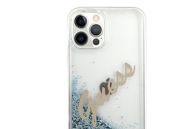 Apple iPhone 12 Pro Max Guess deksel Glitter Vintage Script (GUHCP12LGLVSBL) blå/svart farge