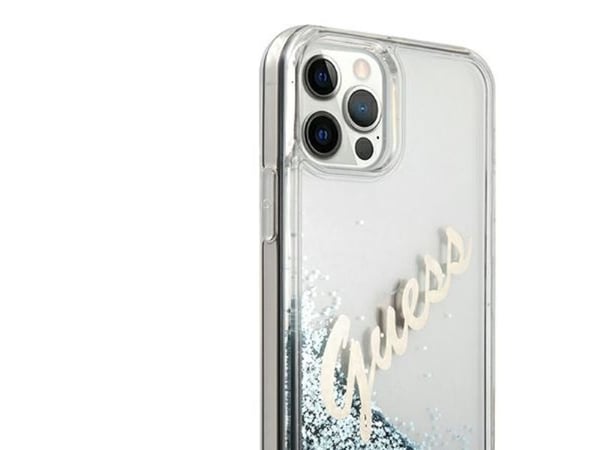 Apple iPhone 12 Pro Max Guess deksel Glitter Vintage Script (GUHCP12LGLVSBL) blå/svart farge