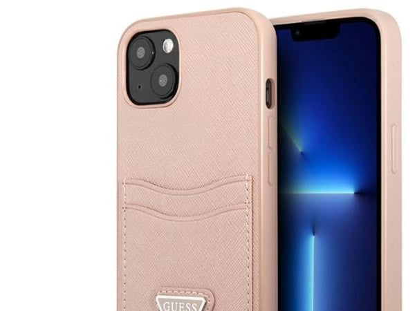 Guess GUHCP13SPSATPP iPhone 13 mini 5.4 tuuman vaaleanpunainen / vaaleanpunainen kova kotelo SaffianoTriangle logo korttipaikkaan
