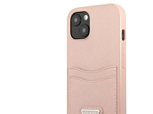Guess GUHCP13SPSATPP iPhone 13 mini 5.4 tuuman vaaleanpunainen / vaaleanpunainen kova kotelo SaffianoTriangle logo korttipaikkaan