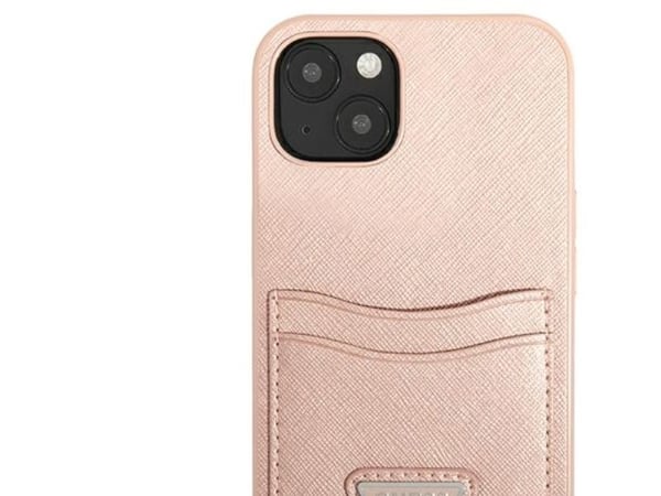 Guess GUHCP13SPSATPP iPhone 13 mini 5.4 tuuman vaaleanpunainen / vaaleanpunainen kova kotelo SaffianoTriangle logo korttipaikkaan