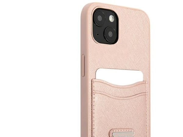 Guess GUHCP13SPSATPP iPhone 13 mini 5.4 tuuman vaaleanpunainen / vaaleanpunainen kova kotelo SaffianoTriangle logo korttipaikkaan