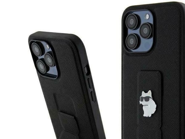Originalt frontpanelveske Karl Lagerfeld KLHCP13LGSACHPK for iPhone 13 Pro (Gripstand Saffiano choupette PIN / Svart)