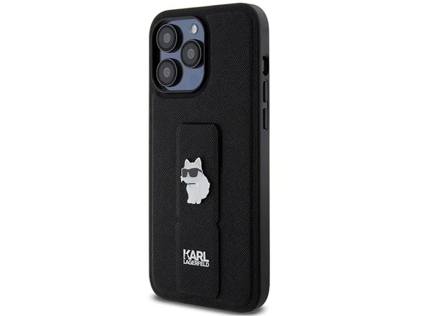 Originalt frontpanelveske Karl Lagerfeld KLHCP13LGSACHPK for iPhone 13 Pro (Gripstand Saffiano choupette PIN / Svart)