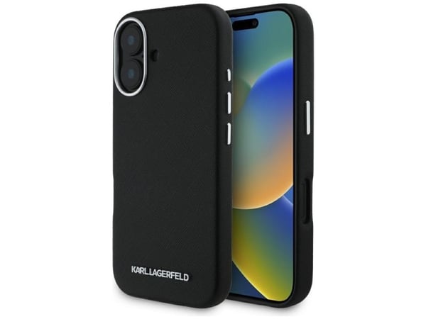 Karl Lagerfeld Saffiano Full Wrapped Elongated Metal Logo MagSafe Apple iPhone 16 dėklas telefonui juodos spalvos