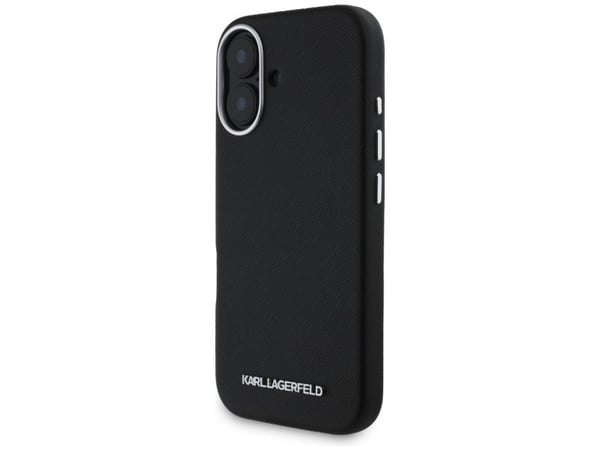 Karl Lagerfeld Saffiano Full Wrapped Elongated Metal Logo MagSafe Apple iPhone 16 dėklas telefonui juodos spalvos