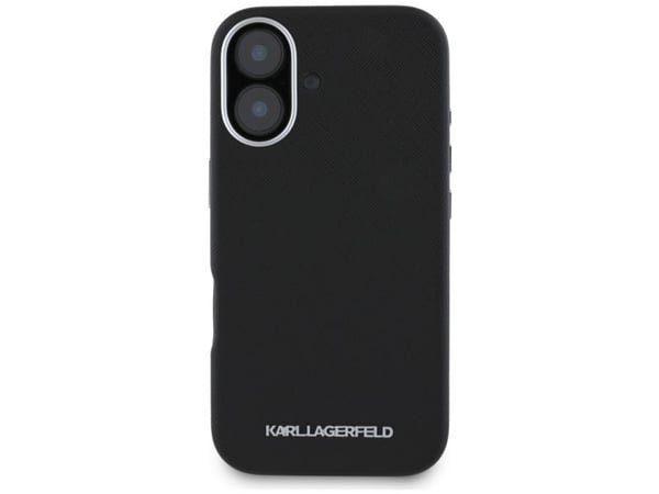 Karl Lagerfeld Saffiano Full Wrapped Elongated Metal Logo MagSafe Apple iPhone 16 dėklas telefonui juodos spalvos
