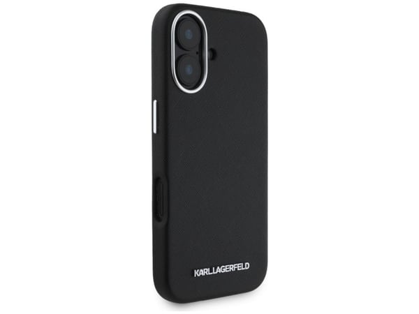 Karl Lagerfeld Saffiano Full Wrapped Elongated Metal Logo MagSafe Apple iPhone 16 dėklas telefonui juodos spalvos