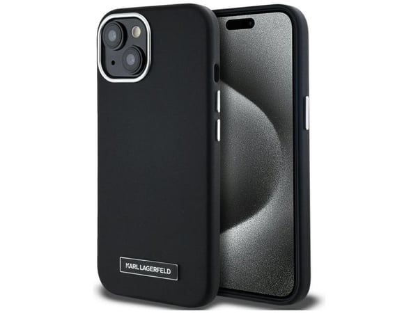 Alkuperäinen Karl Lagerfeld FW Metal Plate MagSafe tapauksessa Apple iPhone 15 musta
