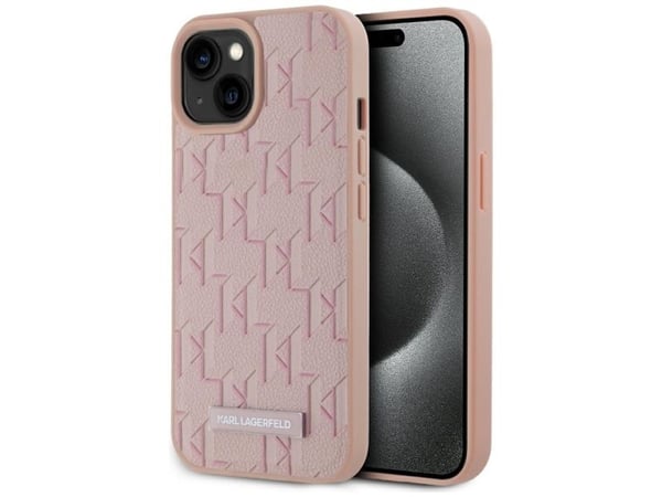 Karl Lagerfeld PU Nahka Monogram Metal Logo MagSafe tapauksessa Apple iPhone 15 vaaleanpunainen vaaleanpunainen