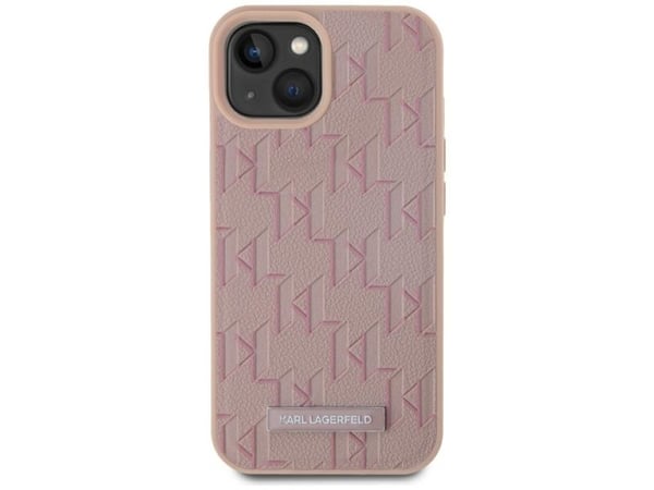 Karl Lagerfeld PU Nahka Monogram Metal Logo MagSafe tapauksessa Apple iPhone 15 vaaleanpunainen vaaleanpunainen