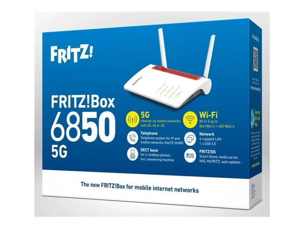 FRITZ!Box 6850 5G - Trådløs ruter - WWAN 4-portssvitsj - 1GbE - Wi-Fi 5 - Dobbeltbånd - 3G, 4G, 5G - VoIP-telefonadapter
