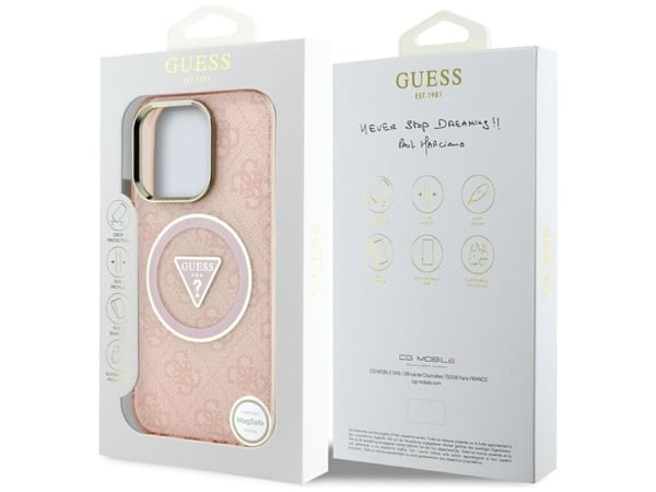 Guess IML Metal Glitter 4G Cirkelformad triangel MagsSafe mobilskal till iPhone 16 Pro - Rosine