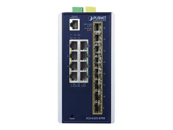 PLANET IGS-6325-8T8S - Switch - L3 - Styrt - 8 x 10/100/1000 + 8 x 1/2.5G SFP - DIN-skinnemonterbar, veggmonterbar - AC 24 V / DC 12 - 48 V