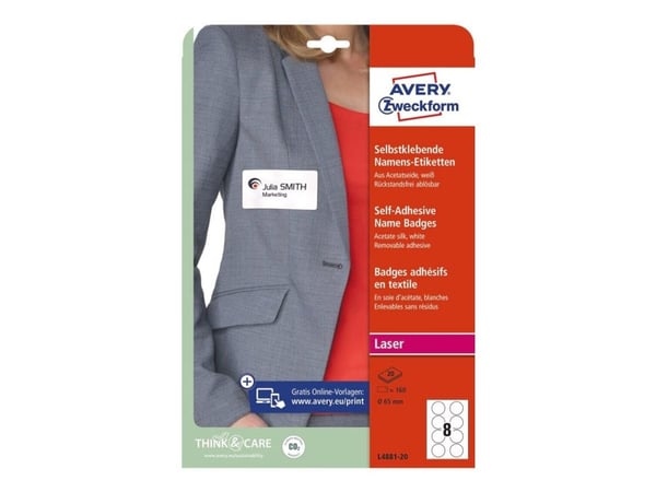 Avery L4881-20, Valkoinen, Pyöreä, Irroitettava, A4, Laser, 8 kpl