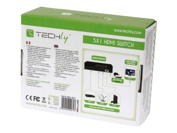 TECHly 5 IN 1 OUT HDMI Switch with Remote Control, 4Kx2K, 3D - Video/audio switch - 5 x HDMI - stasjonær