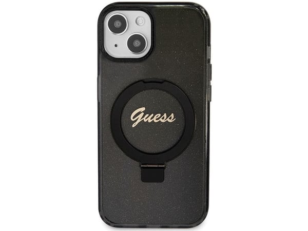 Guess GUHMP14SHRSGSK iPhone 14 / 15 / 13 6.1" hardt deksel Ring Stand Script Glitter MagSafe svart