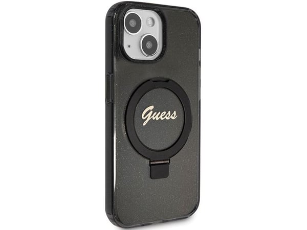 Guess GUHMP14SHRSGSK iPhone 14 / 15 / 13 6.1" hardt deksel Ring Stand Script Glitter MagSafe svart