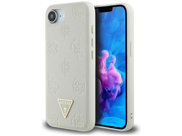 GUESS kotelo IPHONE 16e (SE 4 2025), yhteensopiva MagSafe GUHMPSE4PGBTME (rakeinen PU kuuma leima pioni kolmio logo) beige