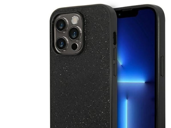 Originalt frontpaneldeksel GUESS GUHCP14LHGGSHK for iPhone 14 PRO (Glitter Flakes Script metalllogo / svart)