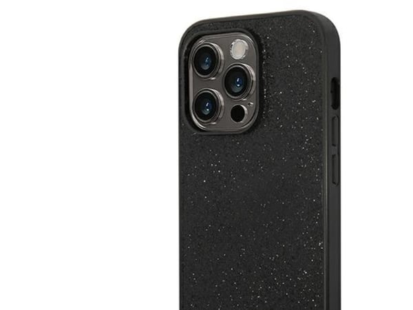 Originalt frontpaneldeksel GUESS GUHCP14LHGGSHK for iPhone 14 PRO (Glitter Flakes Script metalllogo / svart)