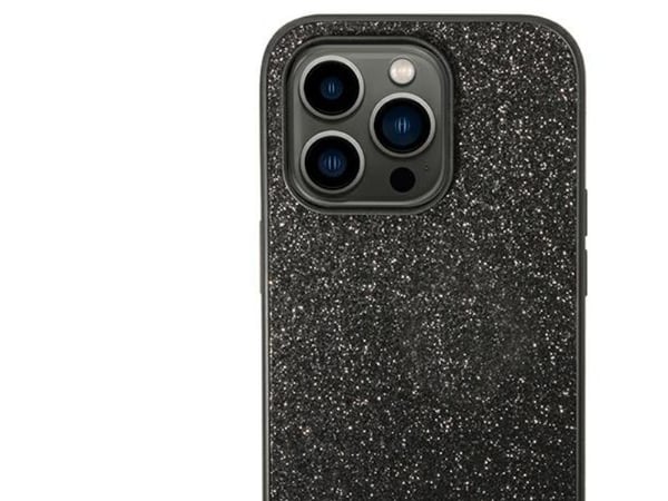 Originalt frontpaneldeksel GUESS GUHCP14LHGGSHK for iPhone 14 PRO (Glitter Flakes Script metalllogo / svart)