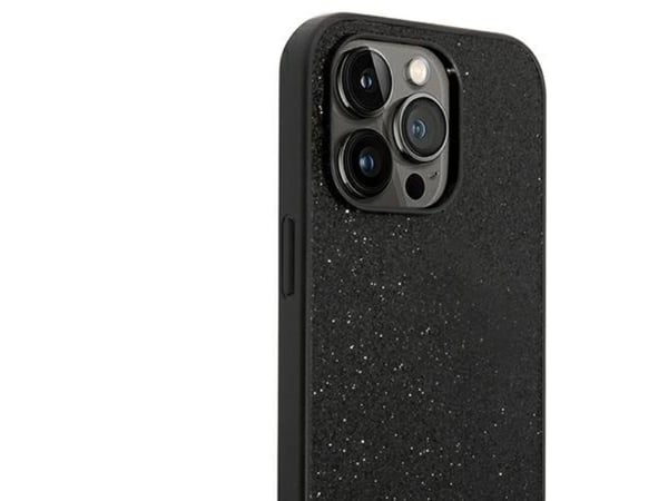 Originalt frontpaneldeksel GUESS GUHCP14LHGGSHK for iPhone 14 PRO (Glitter Flakes Script metalllogo / svart)
