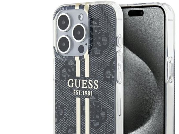 Aito GUESS GUHCP15LH4PSEGK Etupaneeli Kotelo iPhone 15 Pro (4G Gold Stripe / Musta)