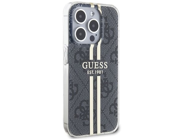 Aito GUESS GUHCP15LH4PSEGK Etupaneeli Kotelo iPhone 15 Pro (4G Gold Stripe / Musta)