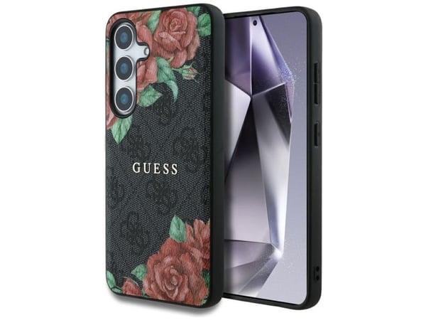 Guess Nahka 4G Flowers Print Metal Classic Logo MagSafe Samsung Galaxy S25 Puhelimen tapauksessa musta musta