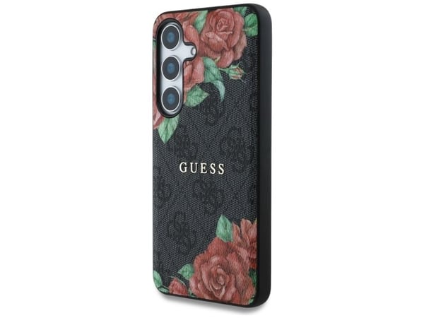 Guess Nahka 4G Flowers Print Metal Classic Logo MagSafe Samsung Galaxy S25 Puhelimen tapauksessa musta musta