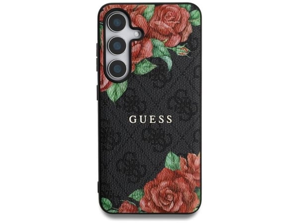 Guess Nahka 4G Flowers Print Metal Classic Logo MagSafe Samsung Galaxy S25 Puhelimen tapauksessa musta musta
