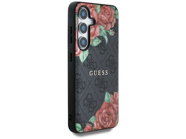 Guess Nahka 4G Flowers Print Metal Classic Logo MagSafe Samsung Galaxy S25 Puhelimen tapauksessa musta musta