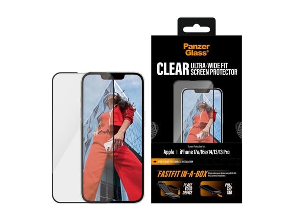 PanzerGlass Screen Protector iPhone 17e I 16e | 14 | 13 |13 Pro | Ultra-Wide Fit w. FASTFIT IN-A-BOX