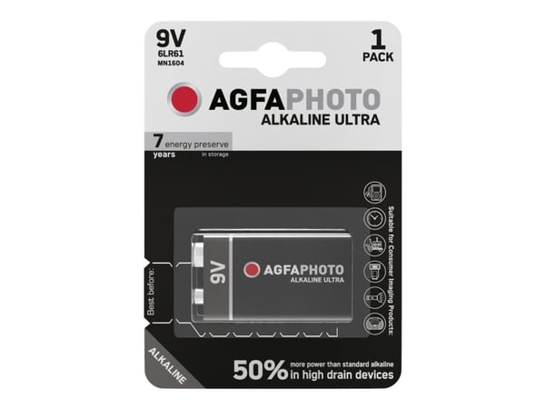 AgfaPhoto Ultra 6LR61 9 V blokkbatteri alkalisk mangan 9 V 1 stk (110-851808)