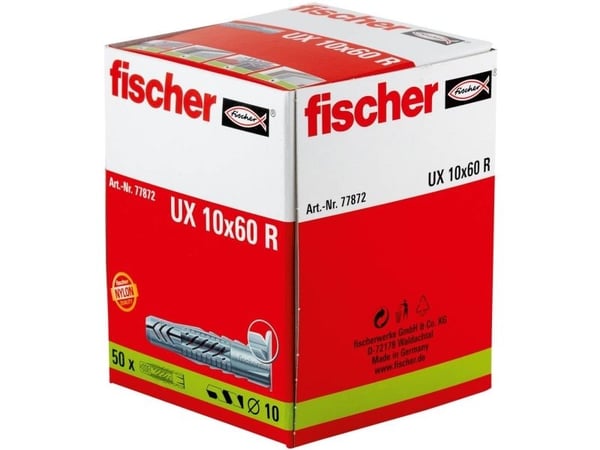Fischer 77872, Kiinnitystulppa, Höyrykarkaistu kevytbetoni, Tiili, Betoni, Kipsiharkko, Kipsikuitulevy, Kipsilevy, Nailon, Saksa, 1 cm, 60 mm