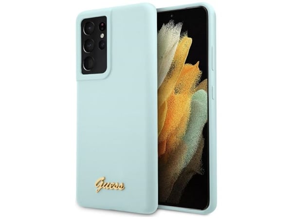 Guess GUHCS21LLSLMGLB S21 Ultra hardt deksel i silikon-look med metal-logo, blå
