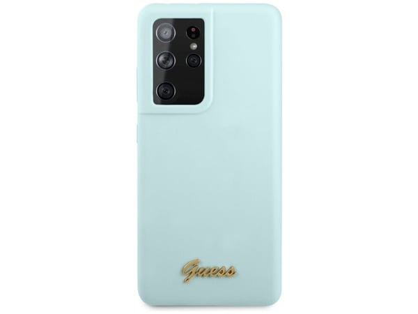 Guess GUHCS21LLSLMGLB S21 Ultra hardt deksel i silikon-look med metal-logo, blå