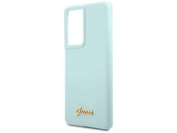 Guess GUHCS21LLSLMGLB S21 Ultra hardt deksel i silikon-look med metal-logo, blå